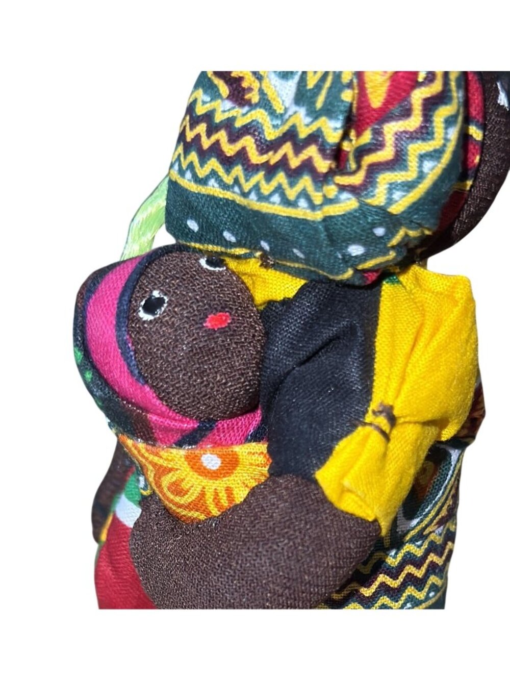 African Fabric Doll Baby on Back Purse Headwrap Wooden Base Kente Inspired